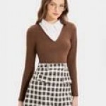 Áo thun dệt kim tay dài form ôm cổ sơ mi