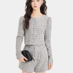 Áo khoác vải tweed cổ tròn cài nút bọc