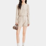 Áo khoác vải tweed cổ tròn cài nút bọc