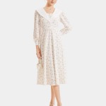 Đầm ren midi in hoa tay dài phối lá cổ