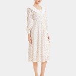 Đầm ren midi in hoa tay dài phối lá cổ