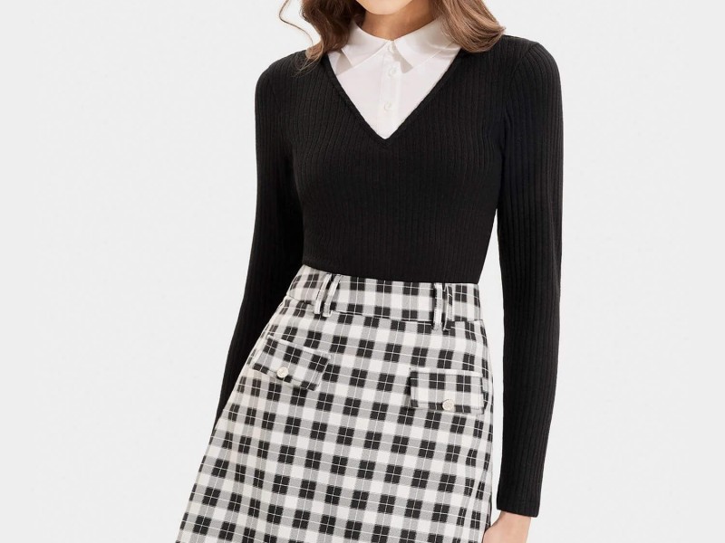 Áo thun dệt kim tay dài form ôm cổ sơ mi