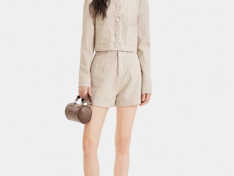 Áo khoác vải tweed cổ tròn cài nút bọc