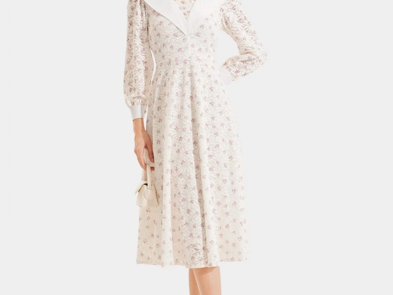 Đầm ren midi in hoa tay dài phối lá cổ