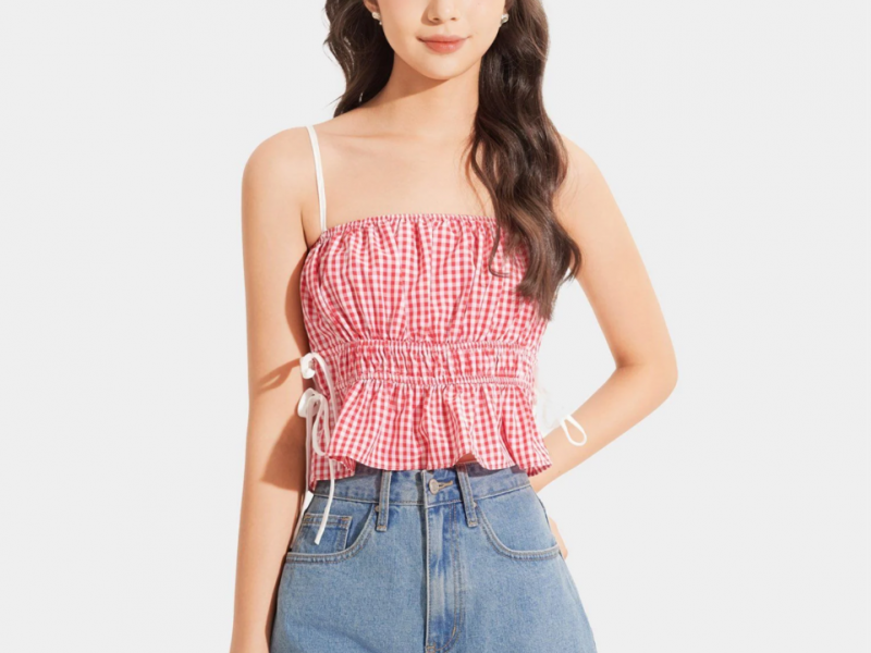 Áo 2 dây caro nhún thun thắt nơ hông