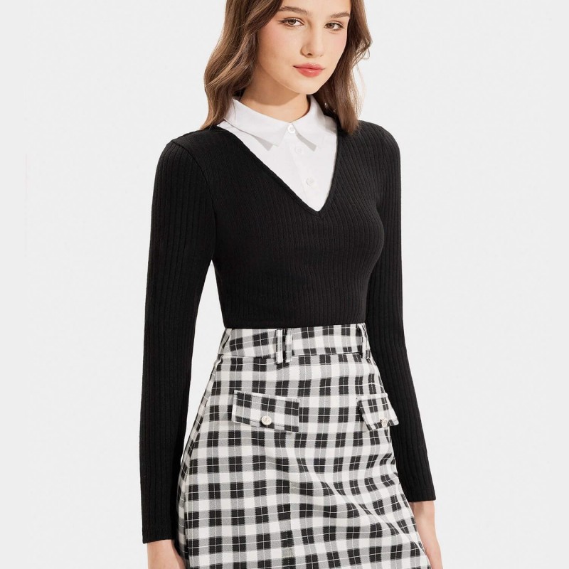 Áo thun dệt kim tay dài form ôm cổ sơ mi