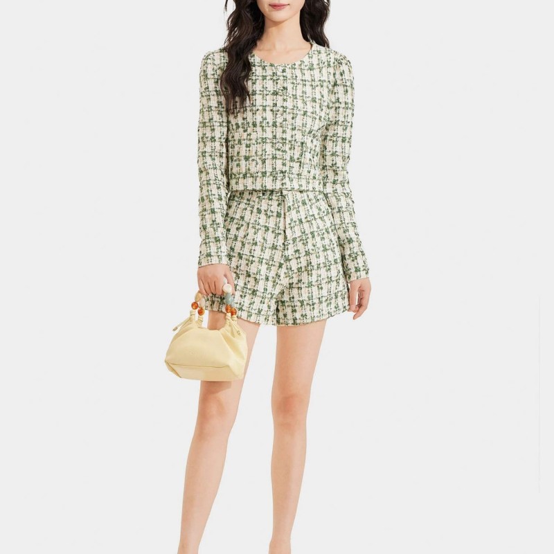 Áo khoác vải tweed cổ tròn cài nút bọc