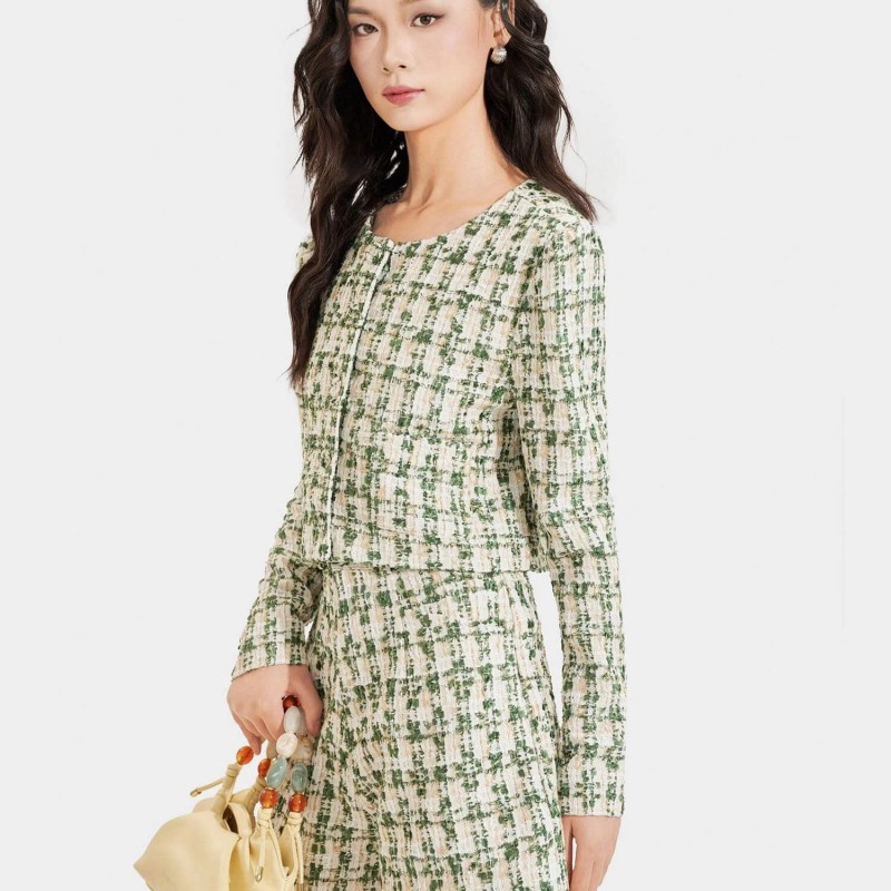 Áo khoác vải tweed cổ tròn cài nút bọc