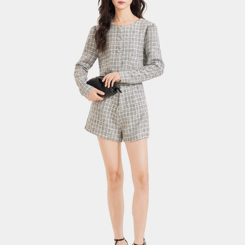 Áo khoác vải tweed cổ tròn cài nút bọc