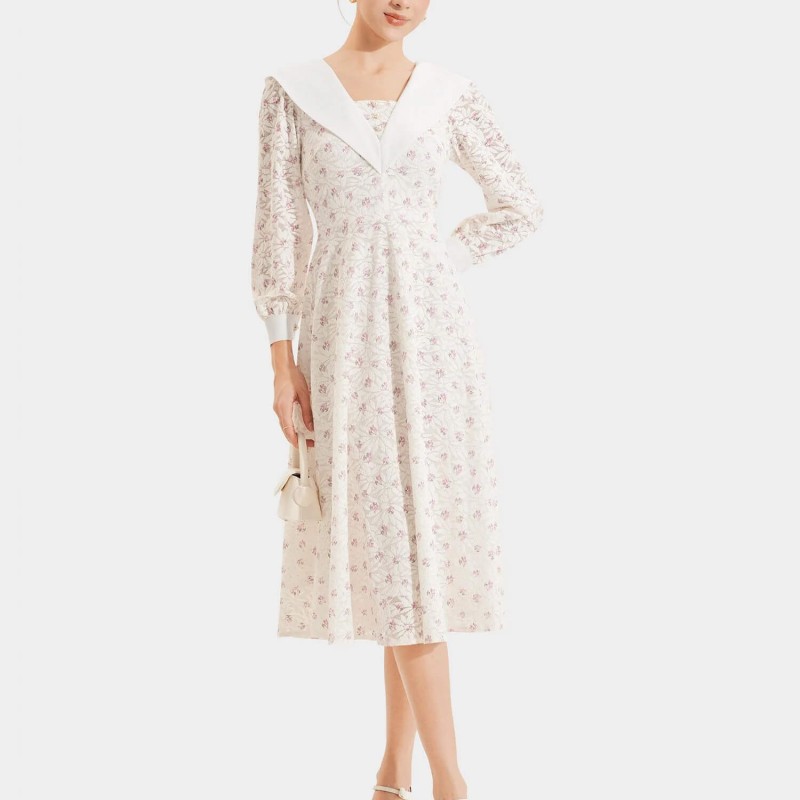 Đầm ren midi in hoa tay dài phối lá cổ