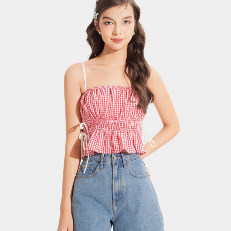 Áo 2 dây caro nhún thun thắt nơ hông