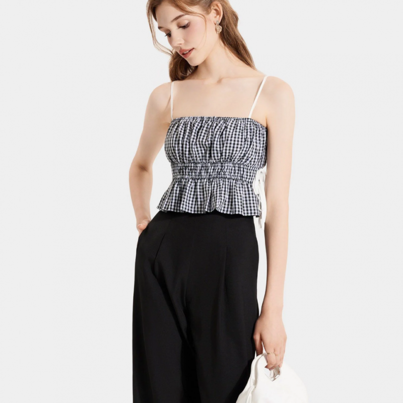 Áo 2 dây caro nhún thun thắt nơ hông