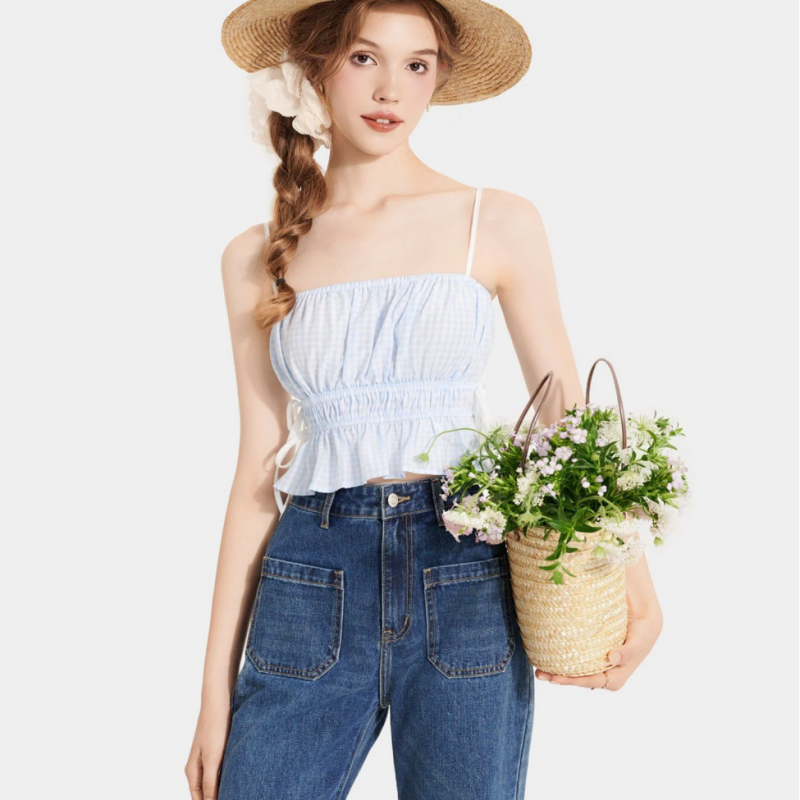 Áo 2 dây caro nhún thun thắt nơ hông