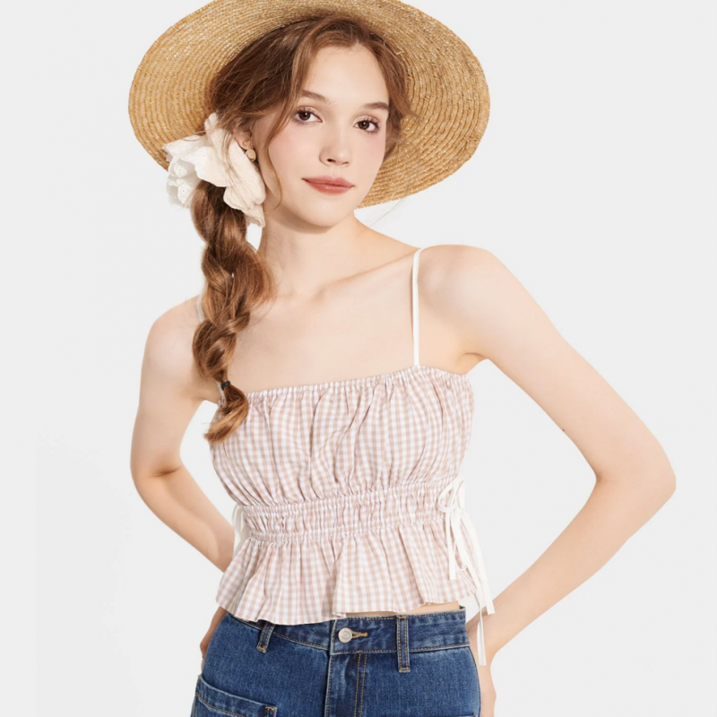 Áo 2 dây caro nhún thun thắt nơ hông